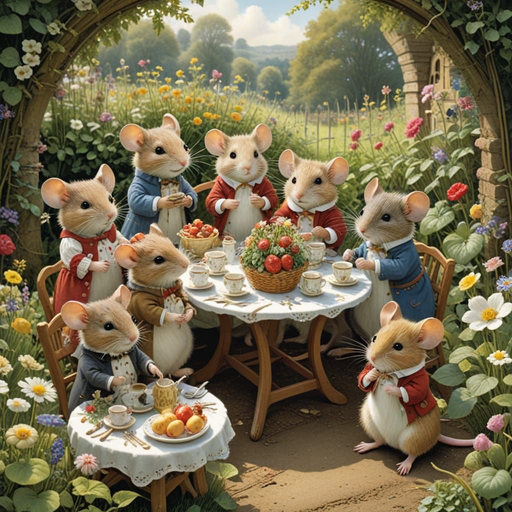 Mice Garden Party in Children's Book Style