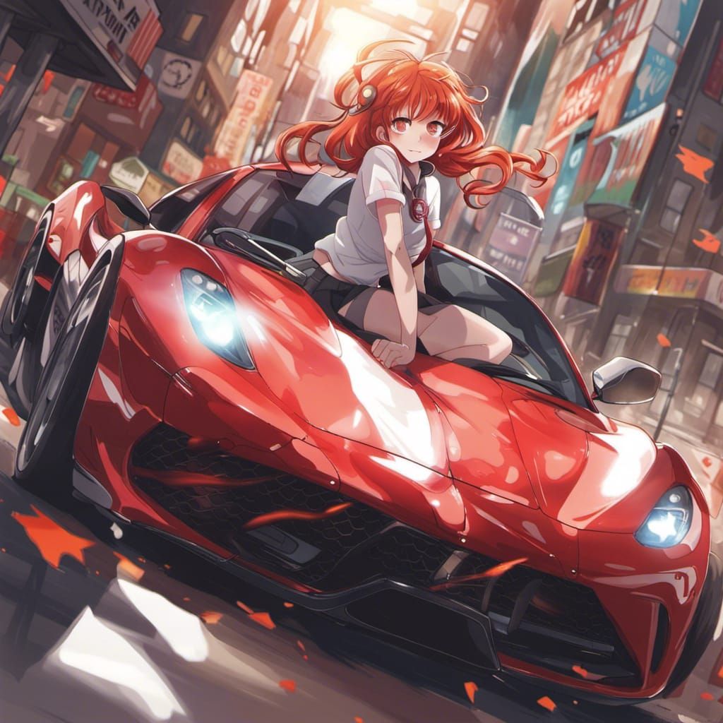 Red-Haired Girl and Supercar in Anime Style