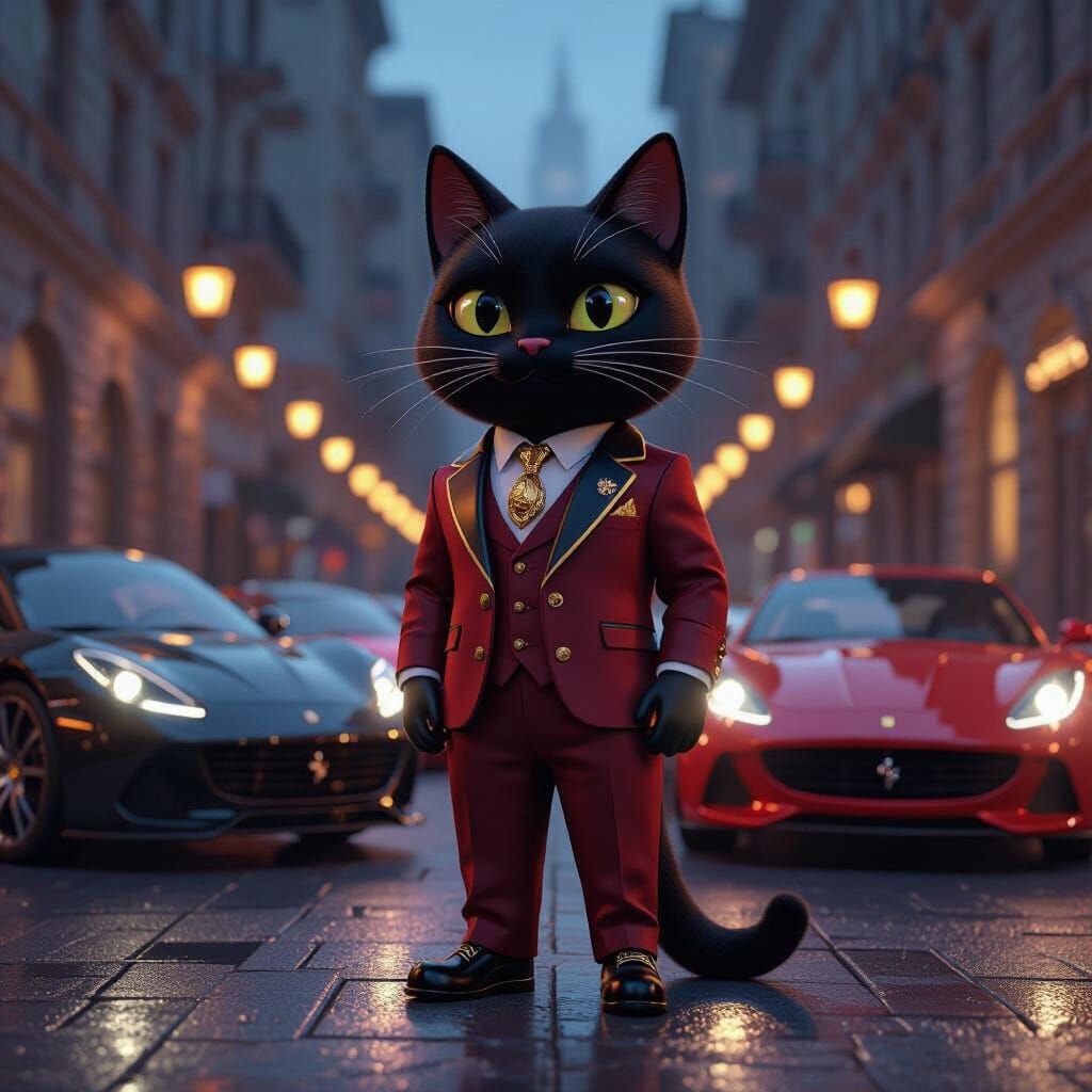 3D Black Cat Mascot in Crimson Suit with Luxury Cars