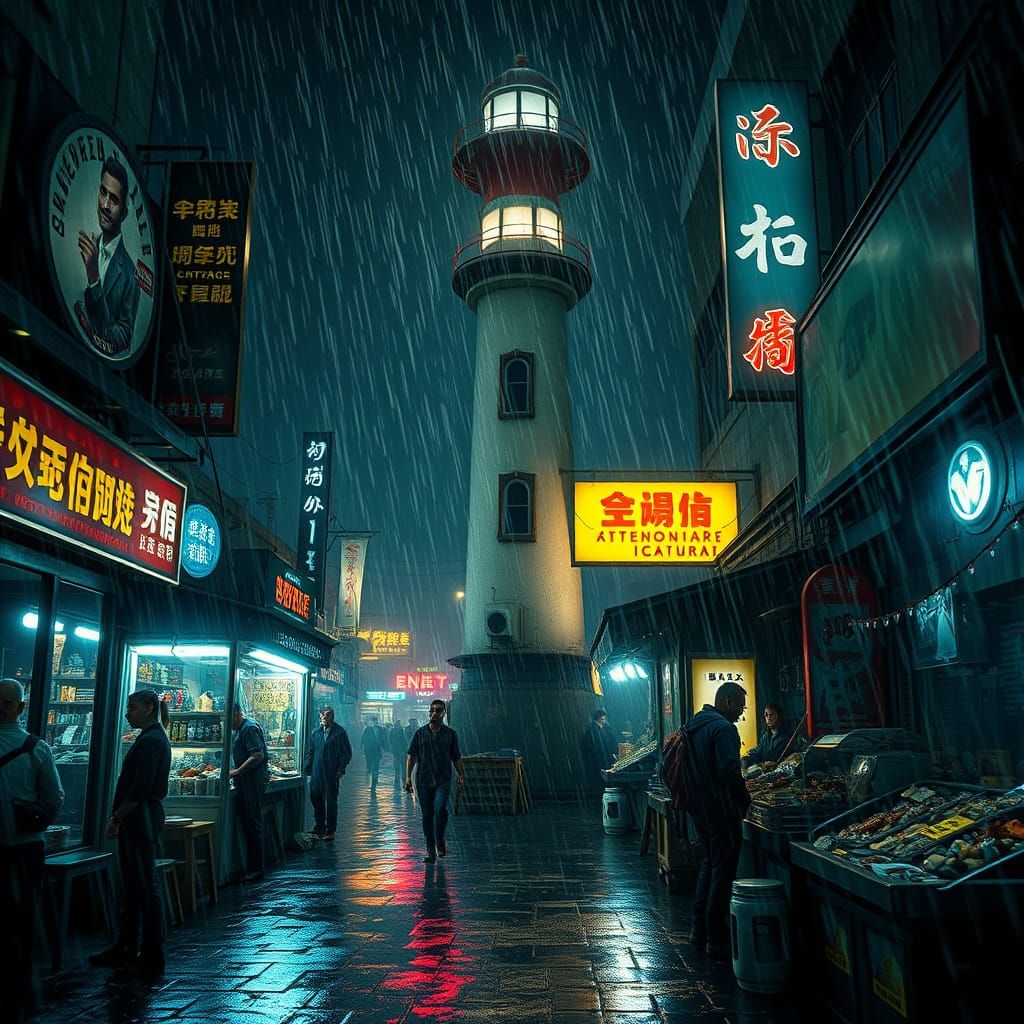 Cyberpunk Lighthouse in Rainy Night Market