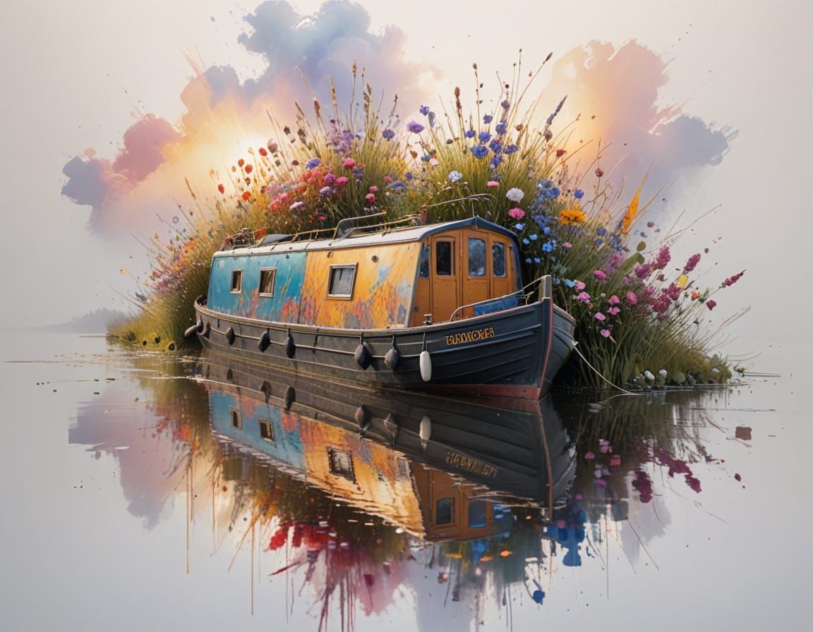 Summer Narrowboat by Wildflowers in Golden Hour