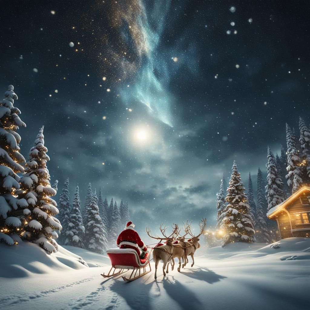 Santa Claus Sleigh Ride in Snowy Night Sky
