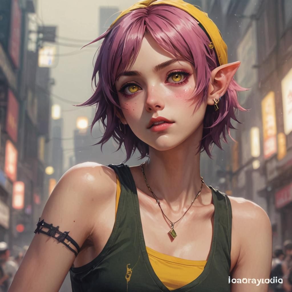 Emo Elf Girl with Pixie Cut: Anime-Style Close-Up