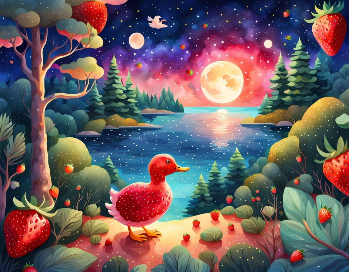 Surreal Strawberry Dreamscape in Aquarelle Style