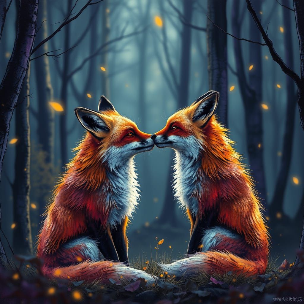 Foxes Kissing in Forest in Alcohol Ink Style
