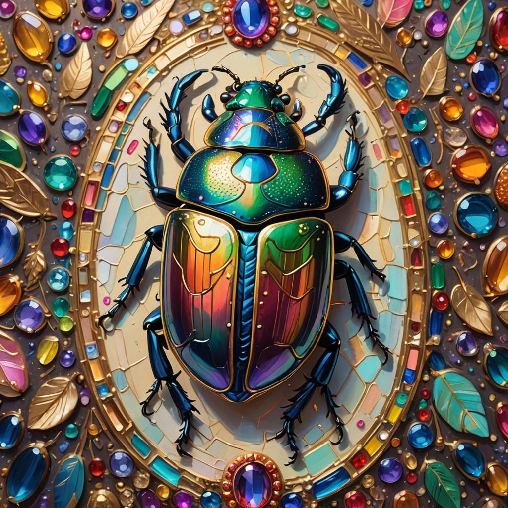 Jeweled Scarab Beetle Shines in Gouache Painting
