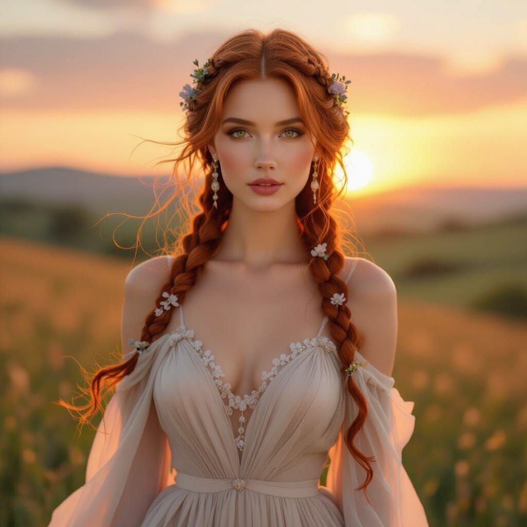 Auburn Beauty in Meadow: Art Nouveau Portrait