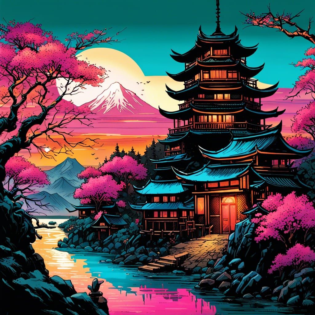 Gothic Fantasy Japanese Village at Sunset