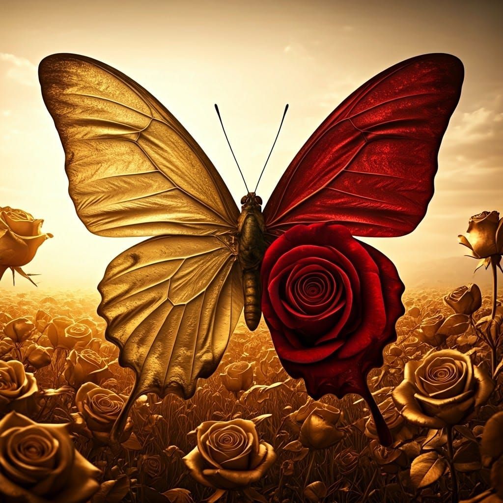 Surreal Golden Butterfly with Stained Glass Wings in a Lush ...
