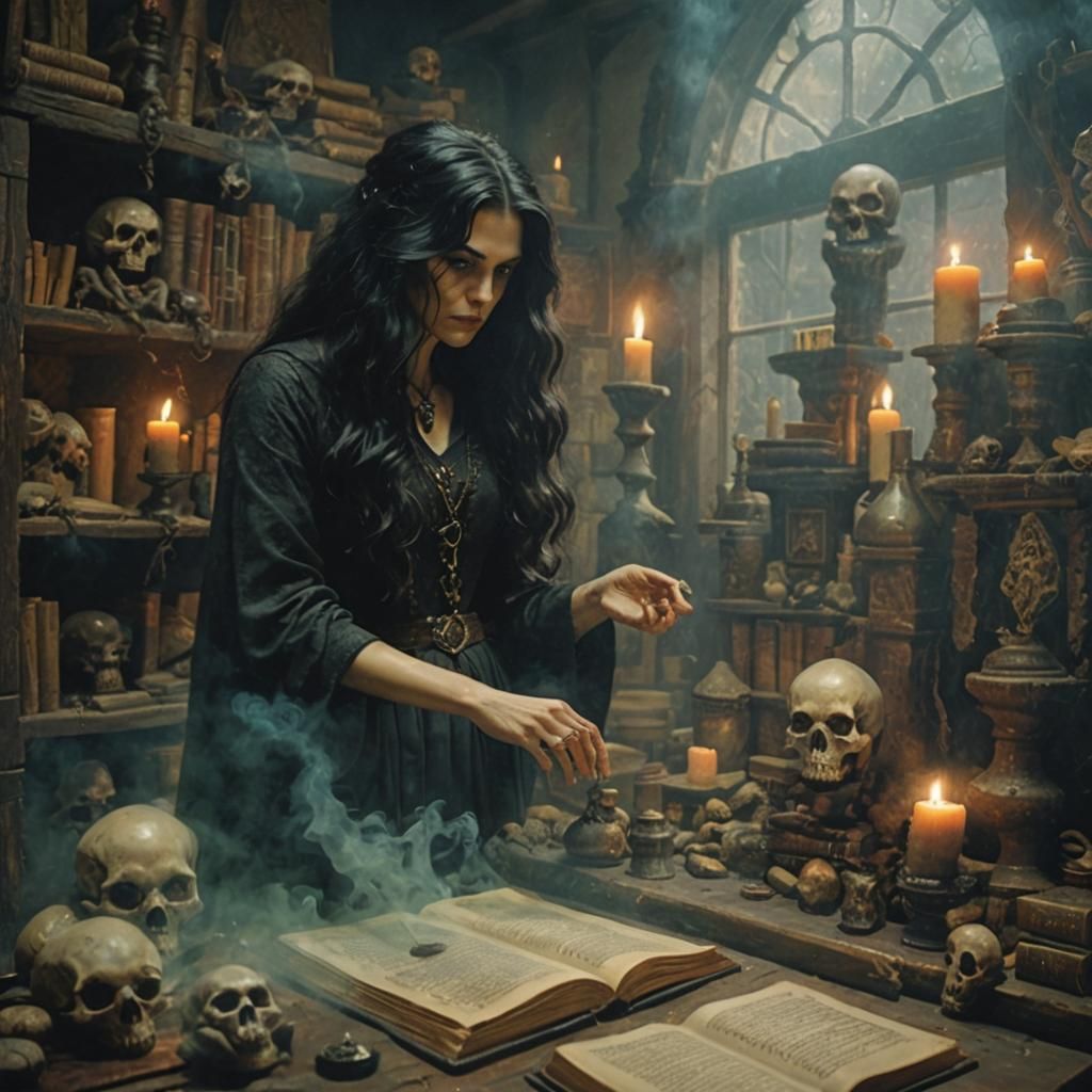 Medieval Witch in Ominous Impressionist Lair