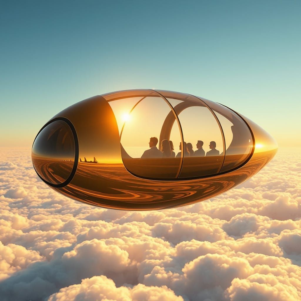 Sleek Flying Pod Hovers Above Golden Hour Clouds