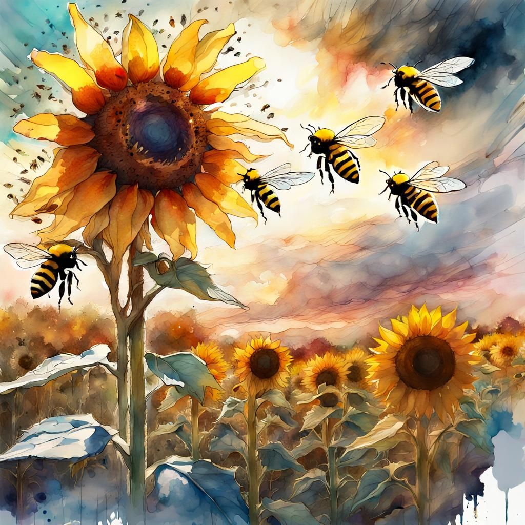 Bees on Sunflowers in Watercolor Fantasy Landscape