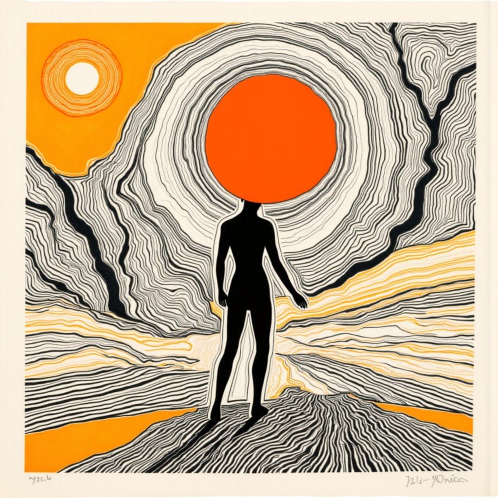 Abstract Linocut Figure With Candied Orange Head