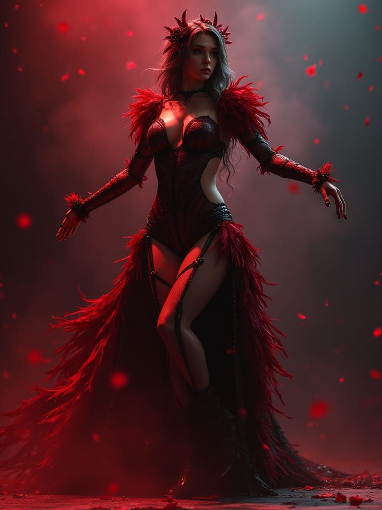 Gothic Showgirl Dancing on Stage in Feathered Bodysuit