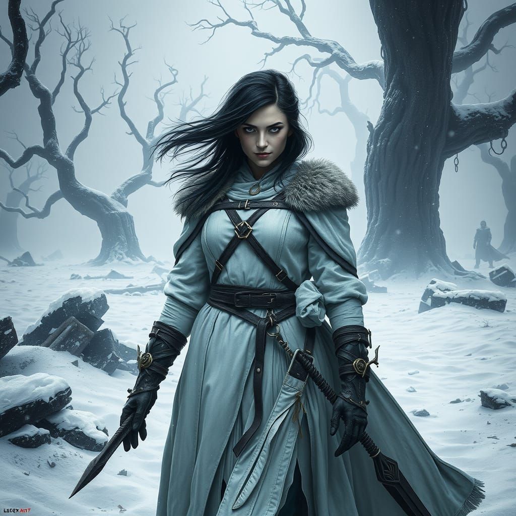 Woman Warrior in Post-Apocalyptic Winter Landscape