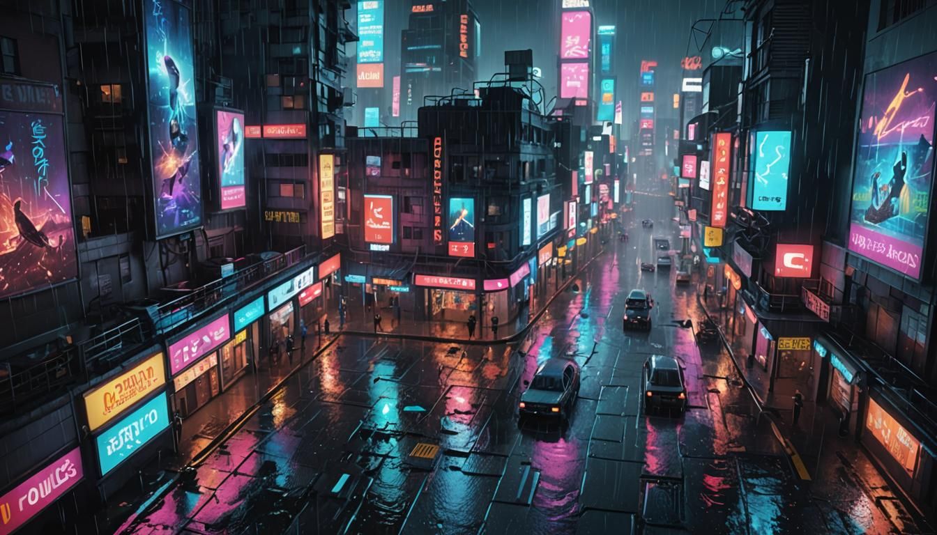 Cyberpunk City in Rain: Neon Noir 3D Rendering