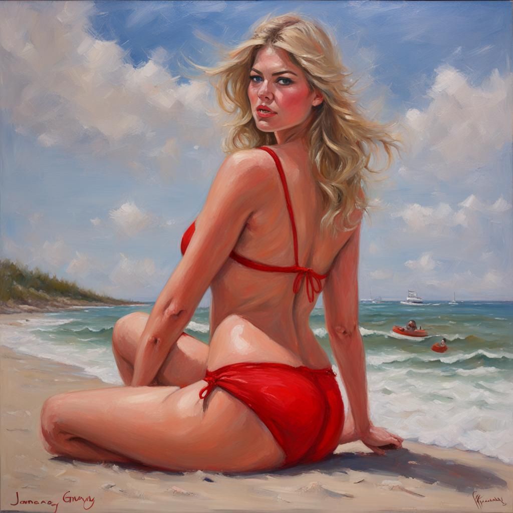 Woman in Red Bikini, Beach Oil Painting