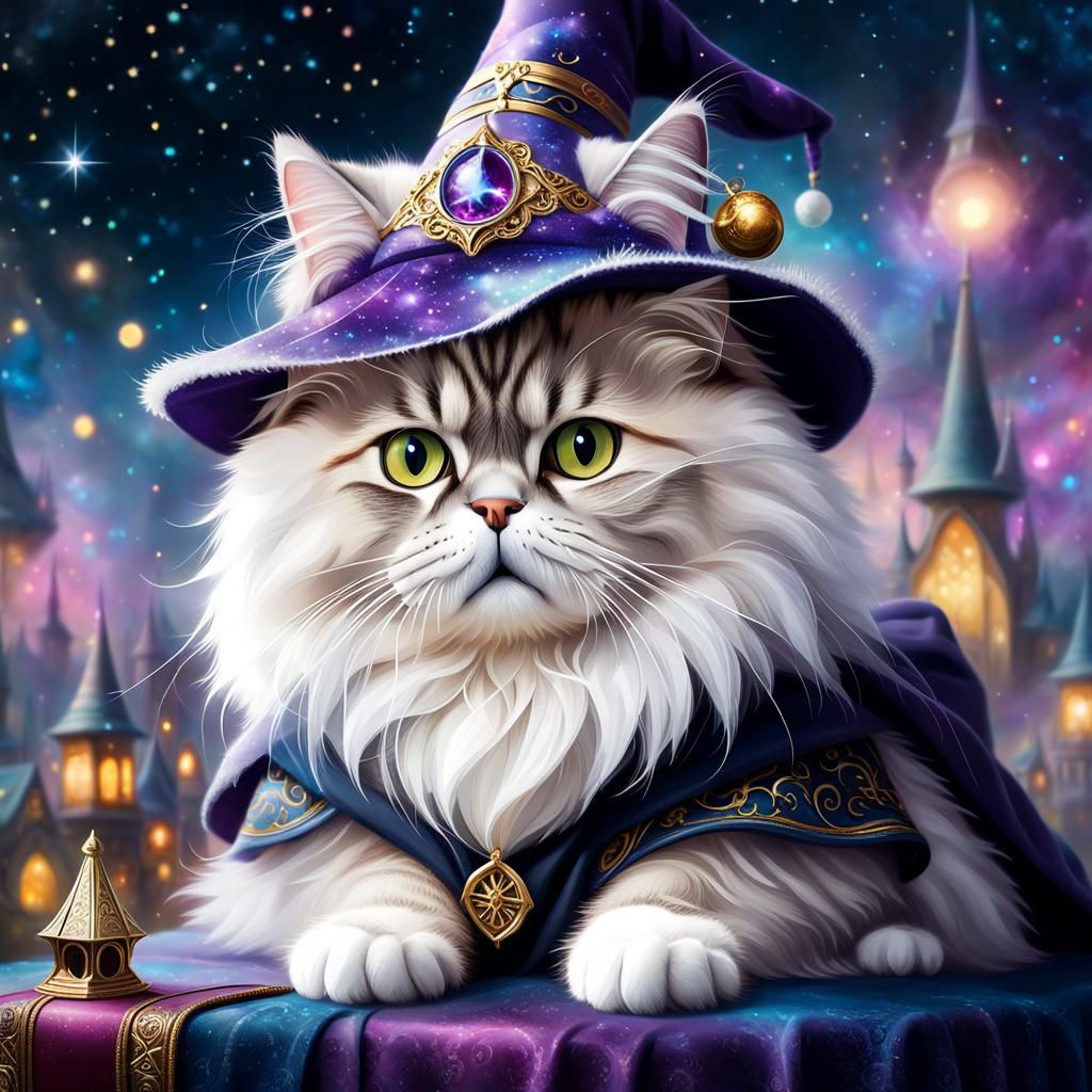 Persian Cat Wizard Portrait with Magic Bokeh