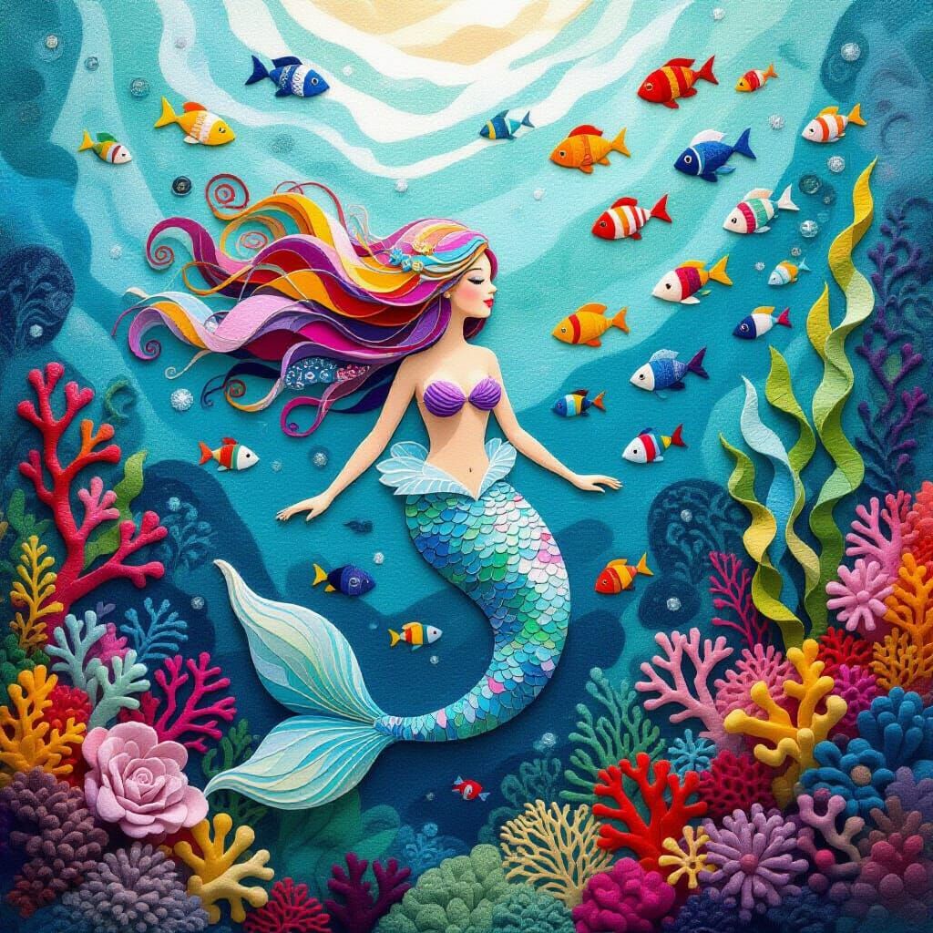 Dreamy Felted Mermaid Scene with Coral Reefs