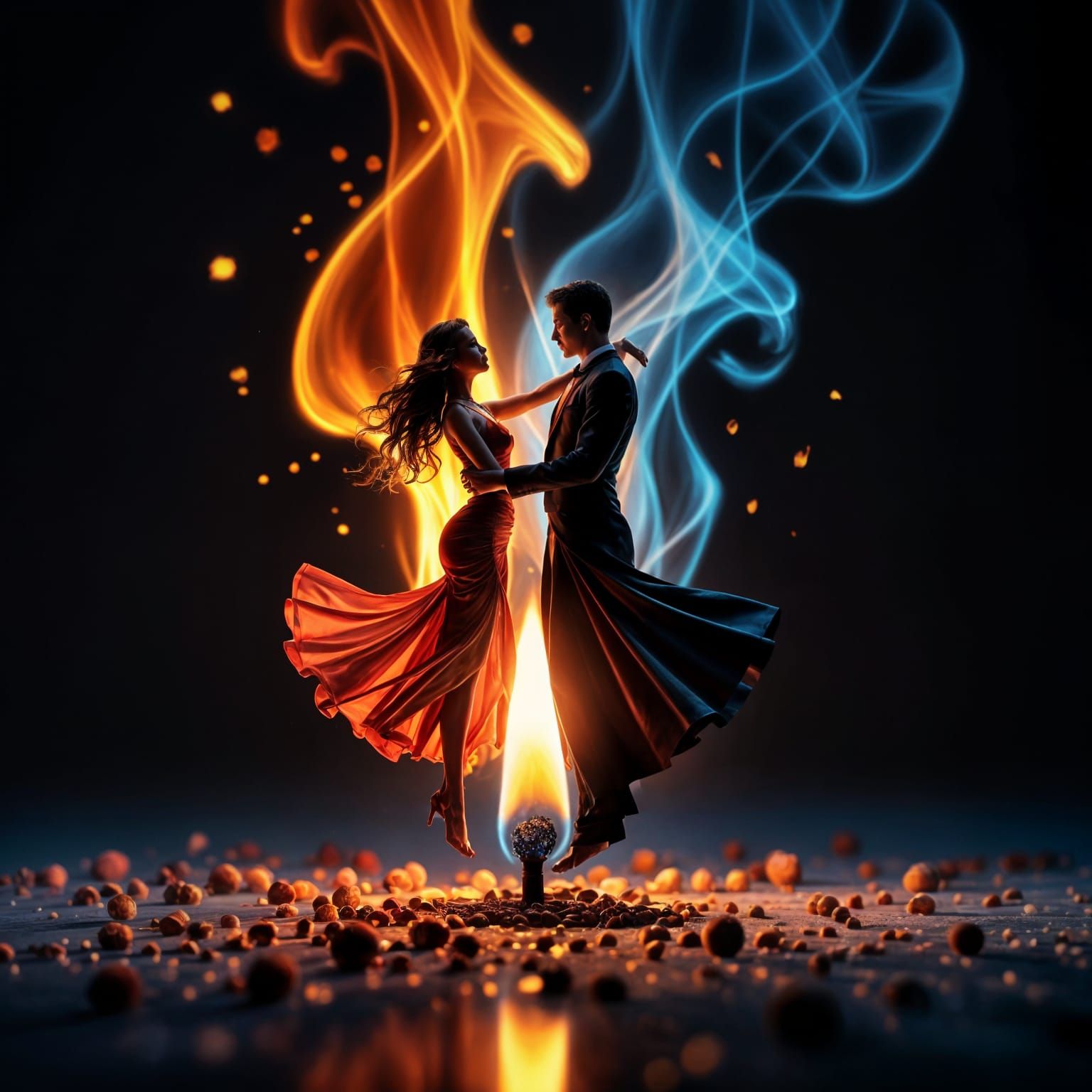 Dancing Flames: Matchstick to Couple in Chiaroscuro