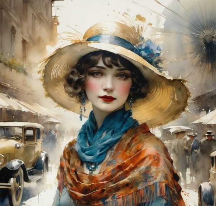 Elegant 1920s Woman in Watercolor Portrait