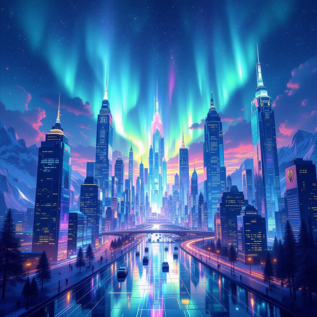 Shimmering Crystal Metropolis Under Aurora Borealis
