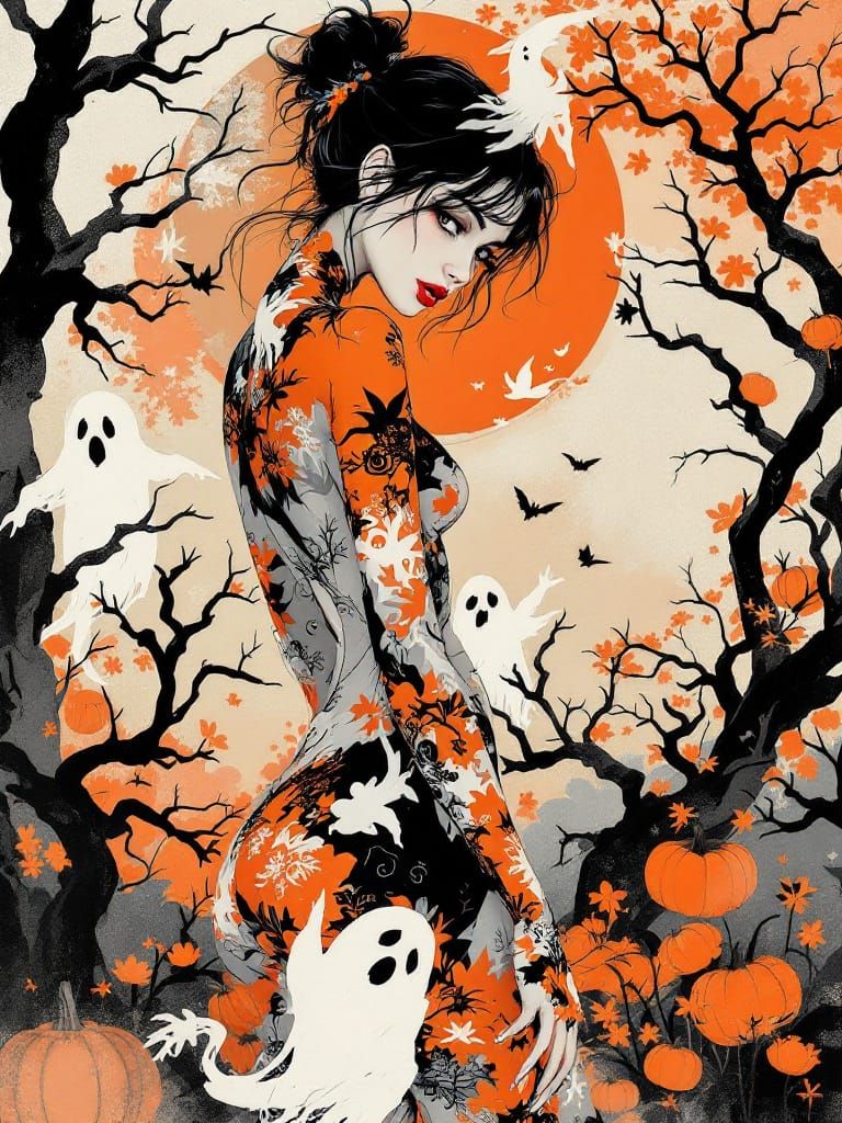 Pinup Woman in Halloween Bodysuit, Japanese Art Fusion