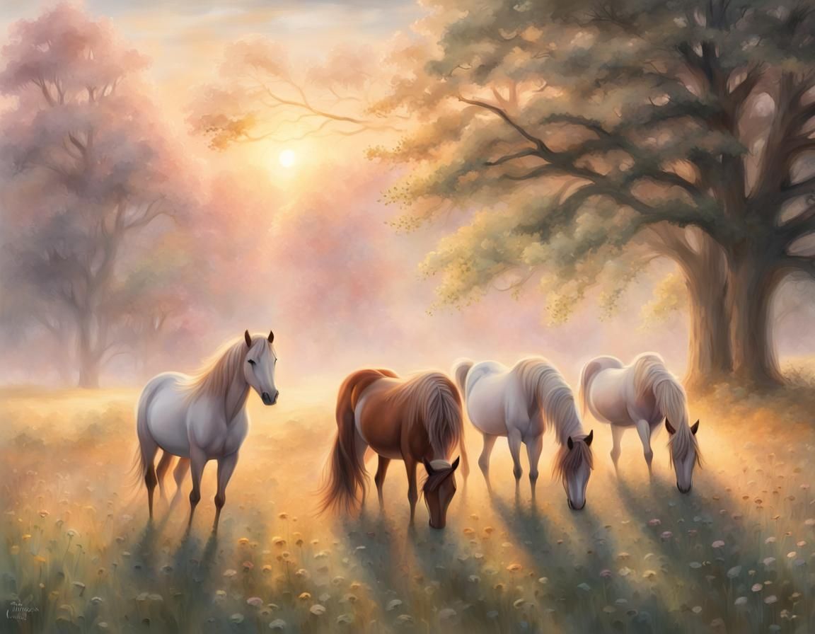 Ethereal Horses in Field at Sunrise
