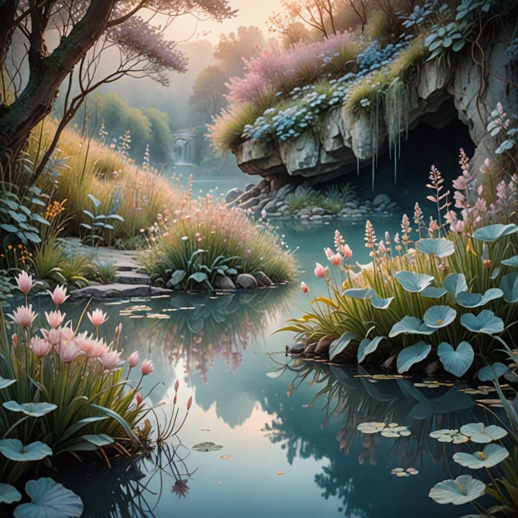 Whimsical Watercolour Fantasy Scene by an Underground Cave L...