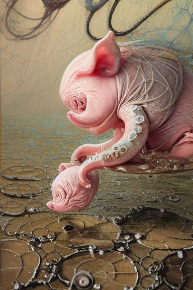 Eldritch Newborn Piglet: Surreal Horror Digital Painting
