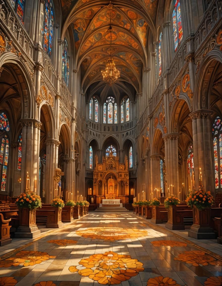 Cathedral Interior with Buttercups in Baroque Style