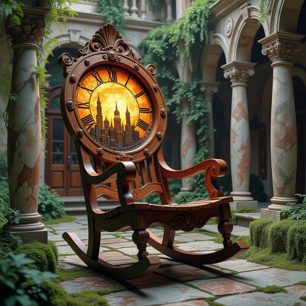 Steampunk City Carved Wooden Rocking Chair as Impasto Painti...