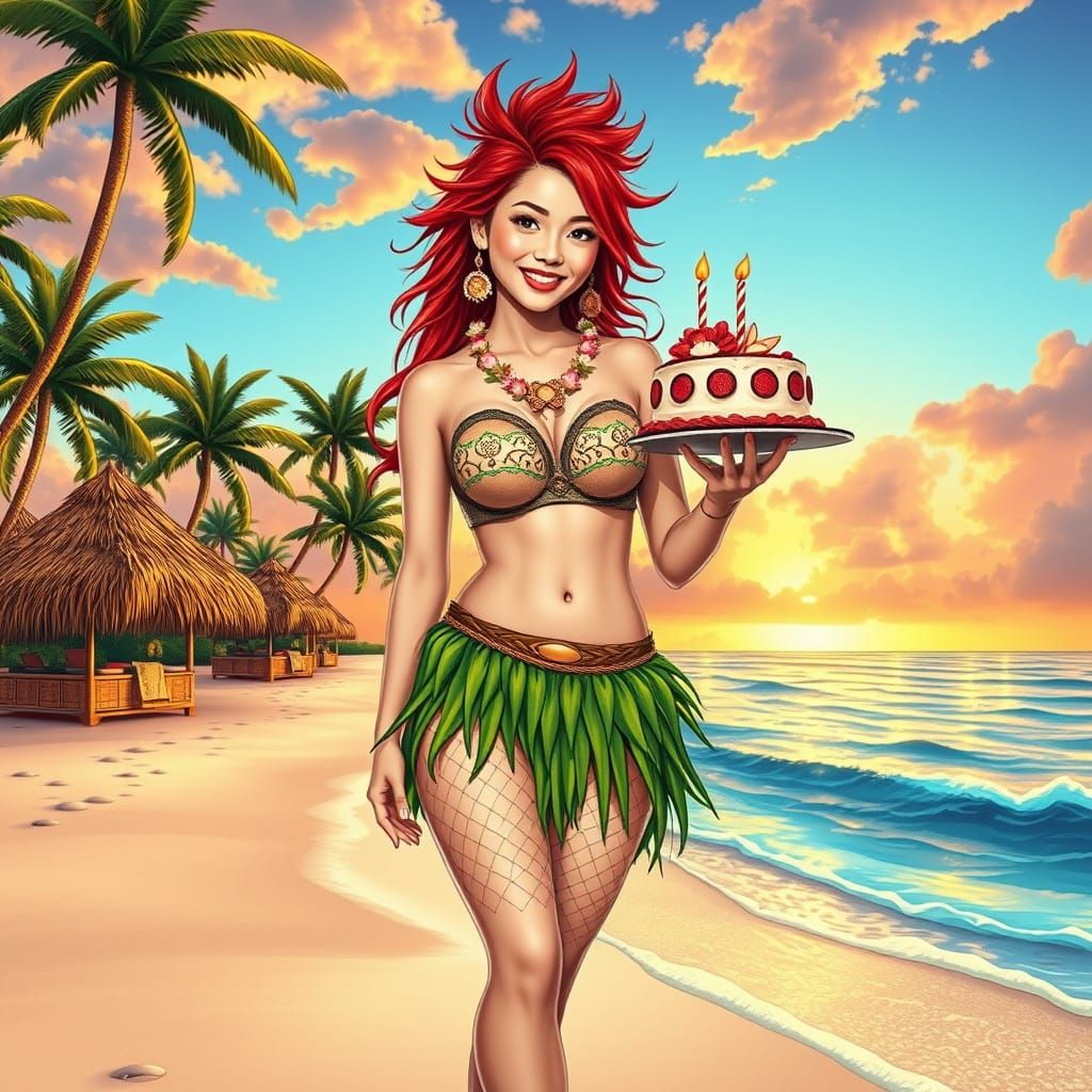 Hawaiian Woman with Cake in Abstract Vector Style