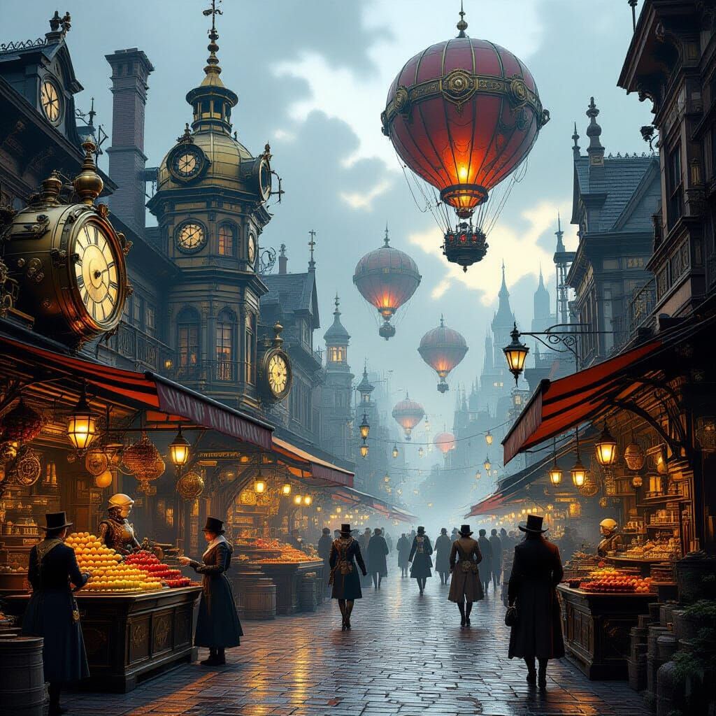 Steampunk Marketplace with Clockwork Automatons and Mythical...