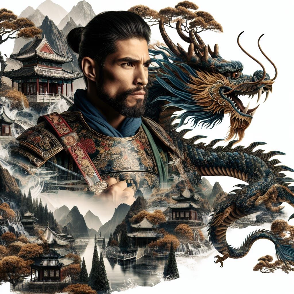 Warrior and Dragon Double Exposure, Chinese Landscape