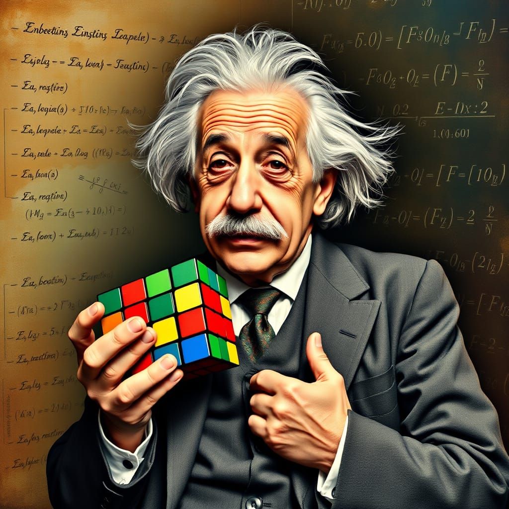 Einstein and Rubik's Cube in Surrealist Style