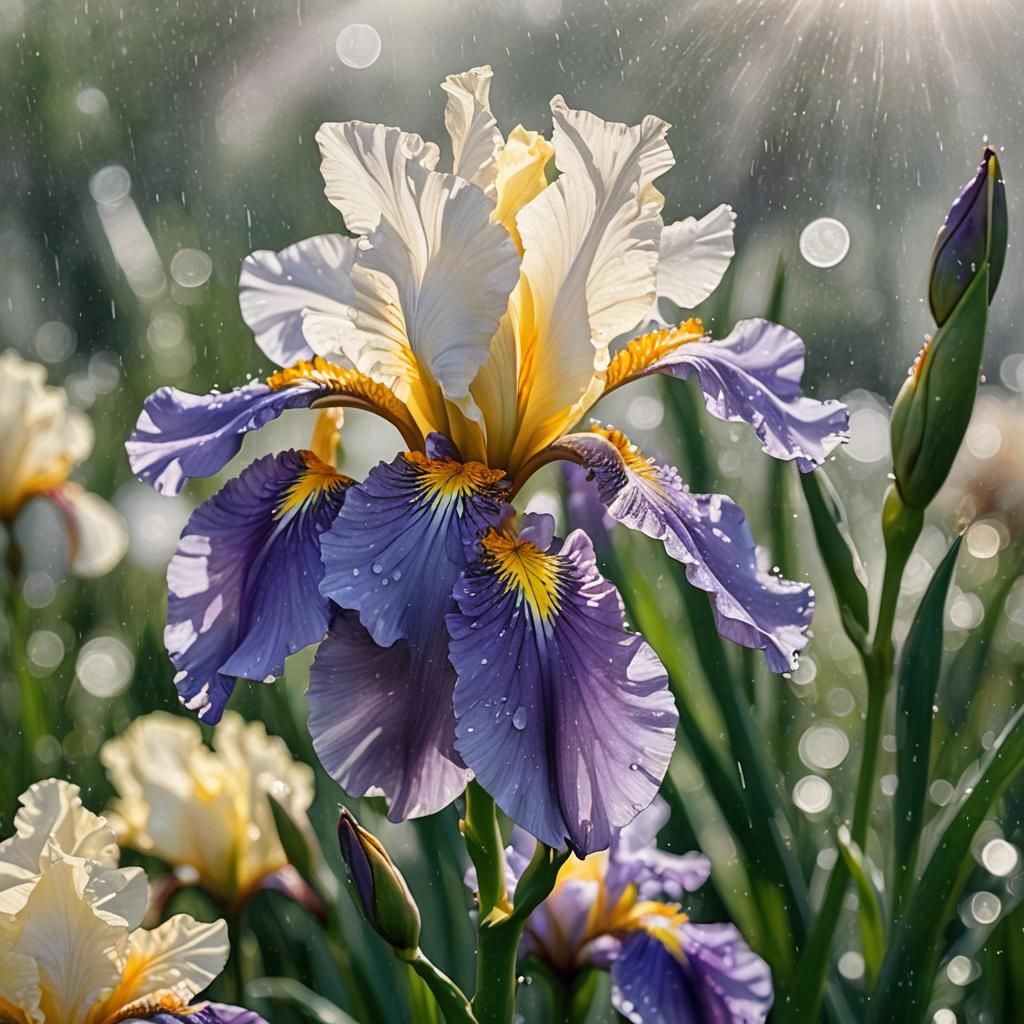 Iris with Water Droplets in Divine Light