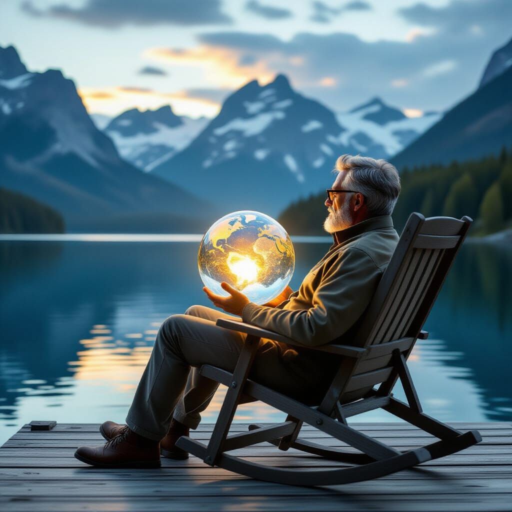 Man with Glowing Orb Overlooking Serene Lake