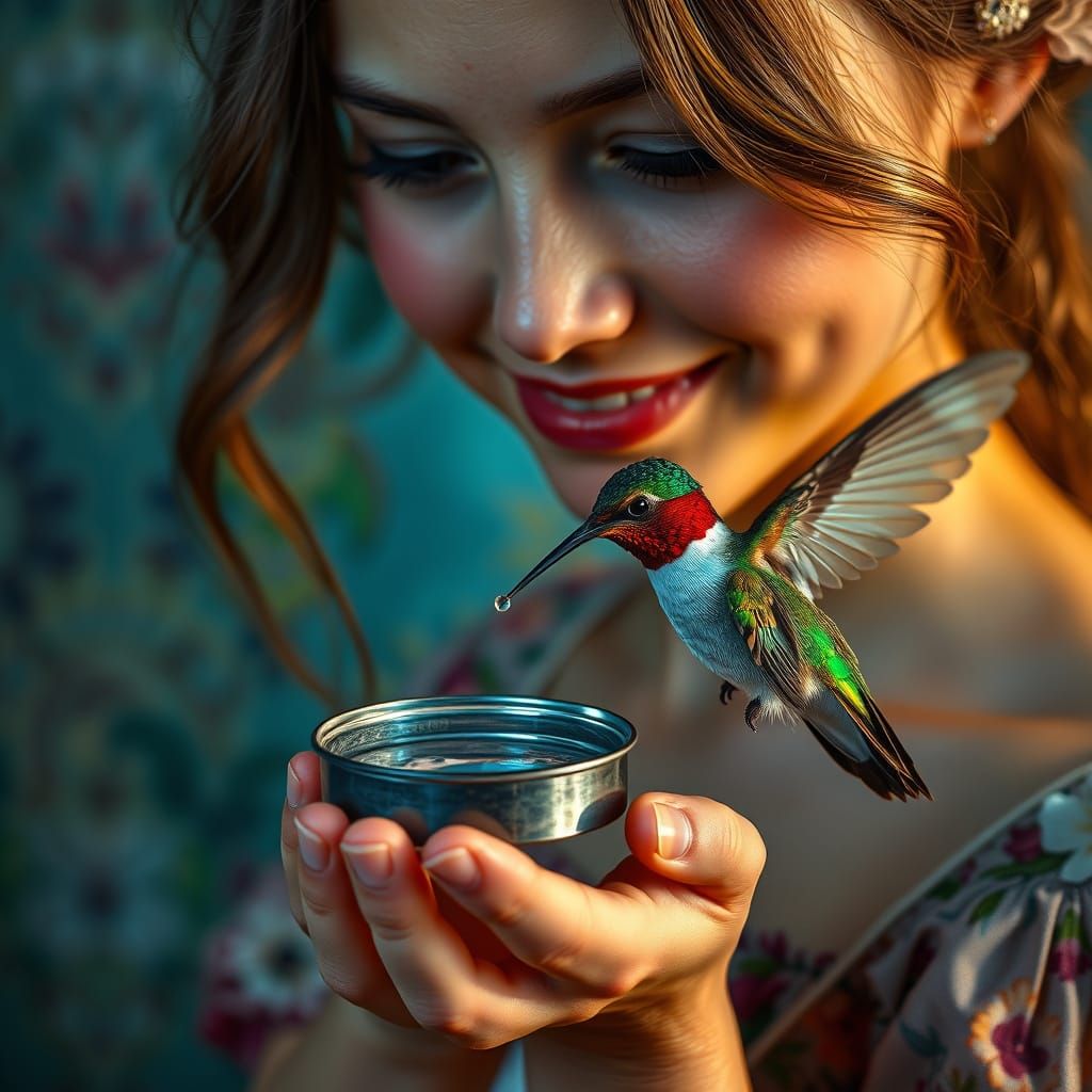 Woman Feeds Hummingbird: Hyperrealistic Digital Art