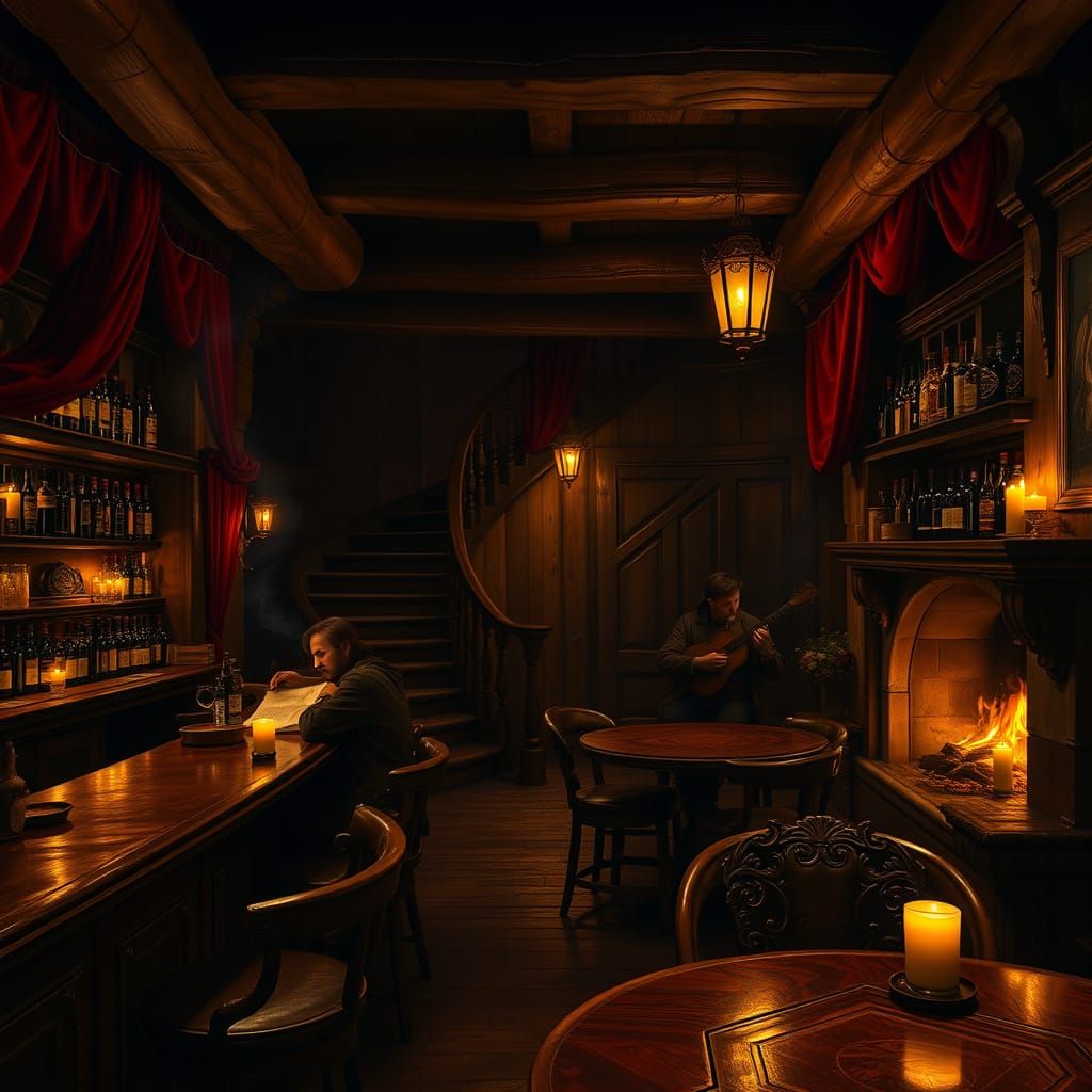 Warm Tavern Ambiance with Exposed Beams and Velvet Drapes