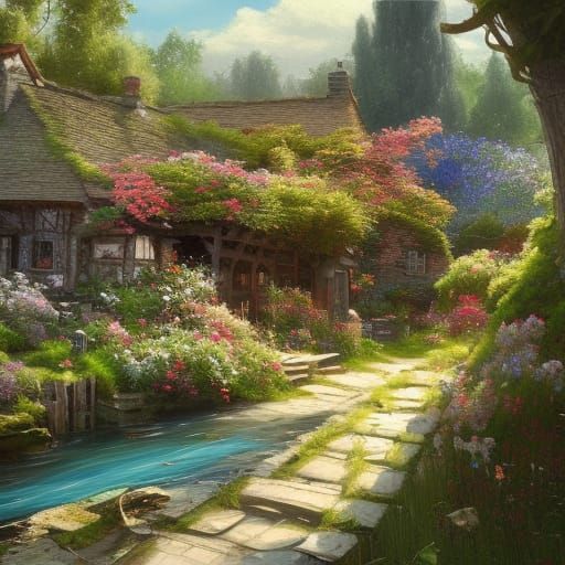 Cottagecore Village by River in Dark Fantasy Style