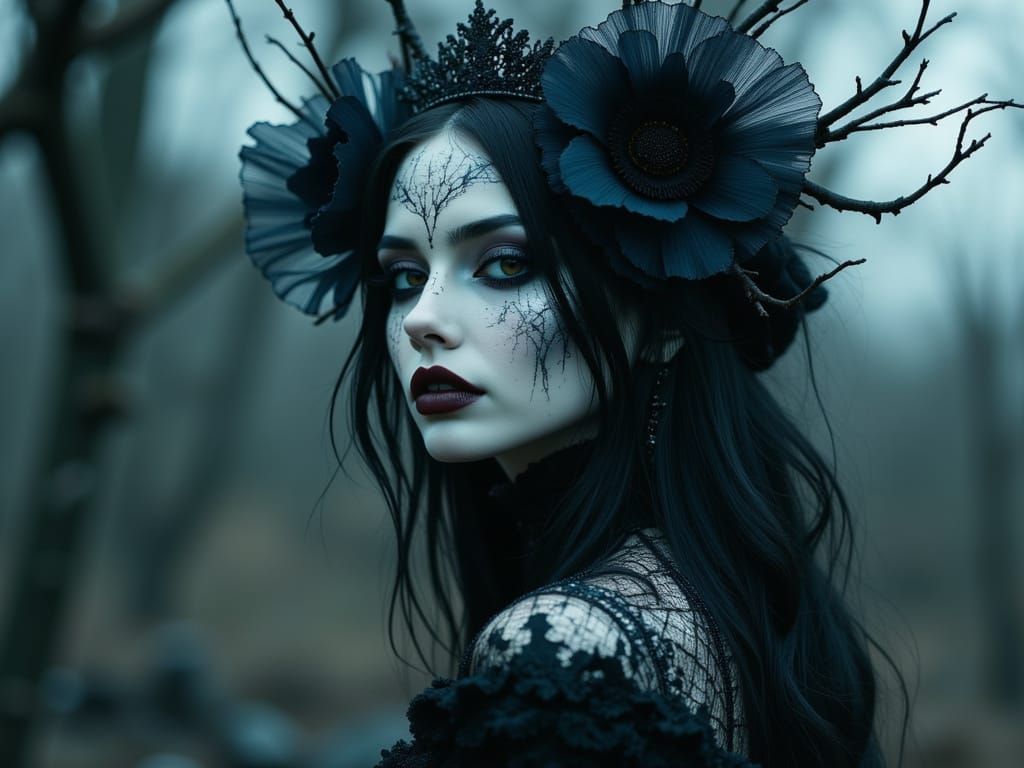 Ethereal Gothic Woman in Dark Fairytale Moonlit Scene