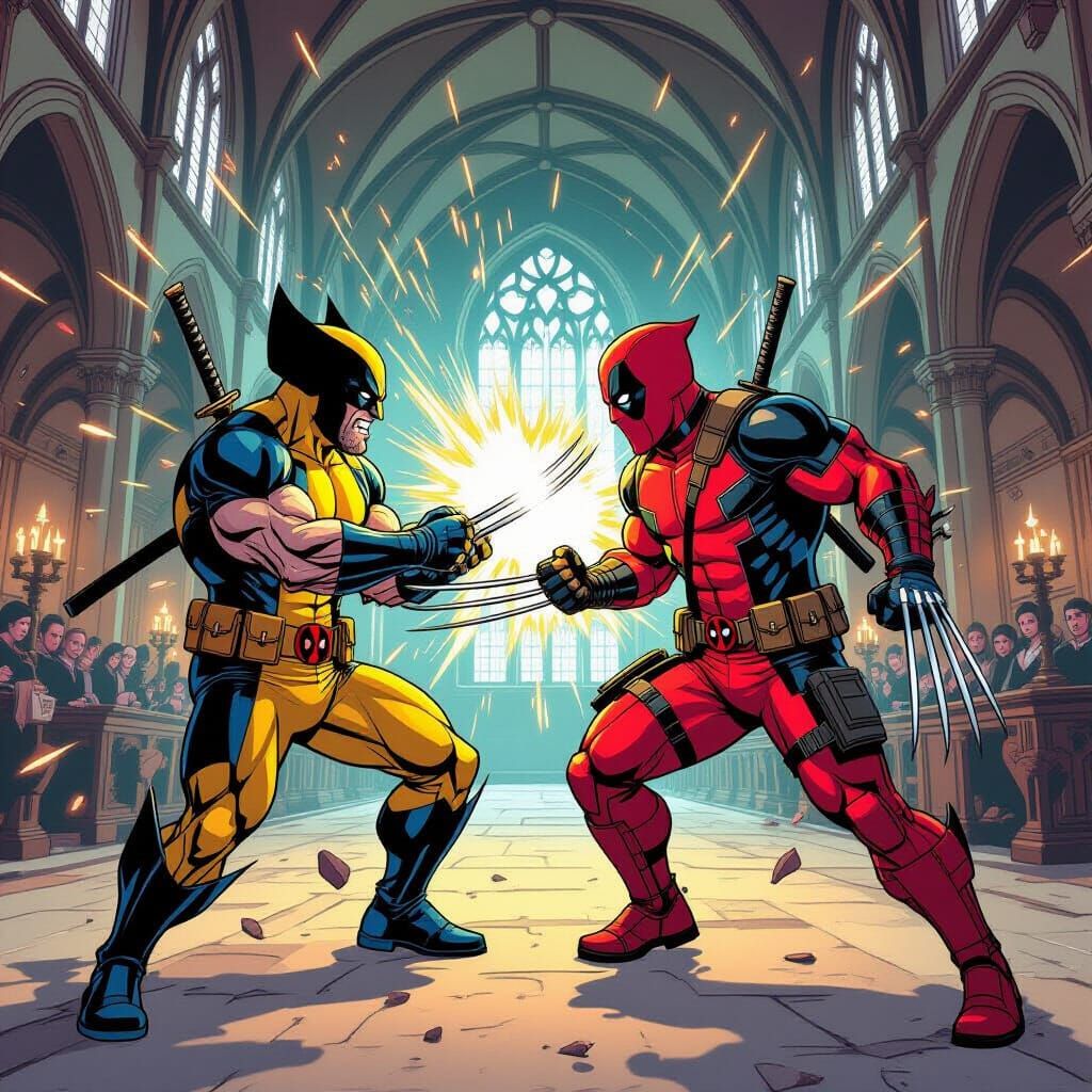 Wolverine and Deadpool Battle at Hogwarts in Comic Style