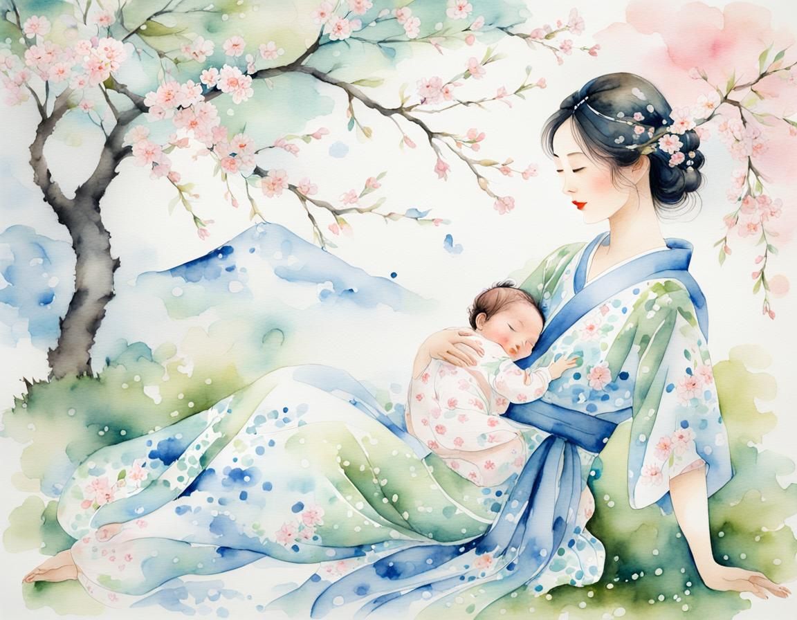 Spring Garden Watercolor with Woman and Child