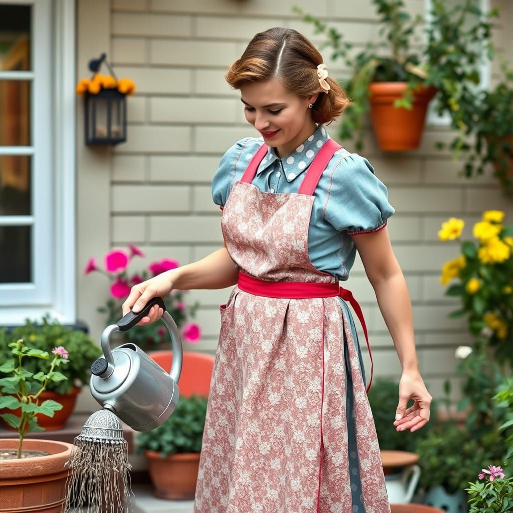 Tradwife in 1950s Dress Watering Garden