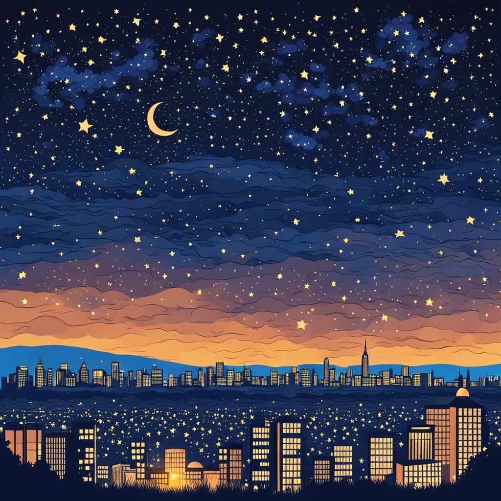 Starry Night Sky Over Cityscape