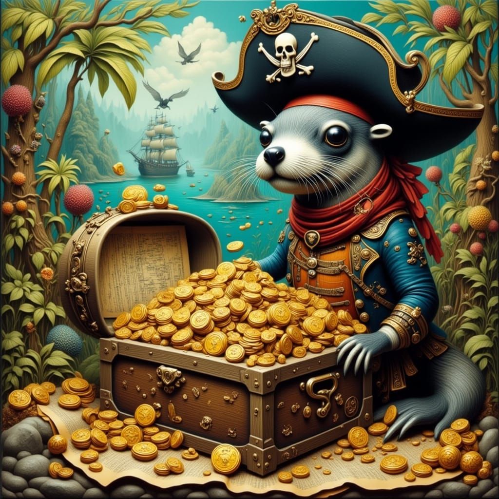 Seal Pirate Guarding Treasure in Woodcut Style