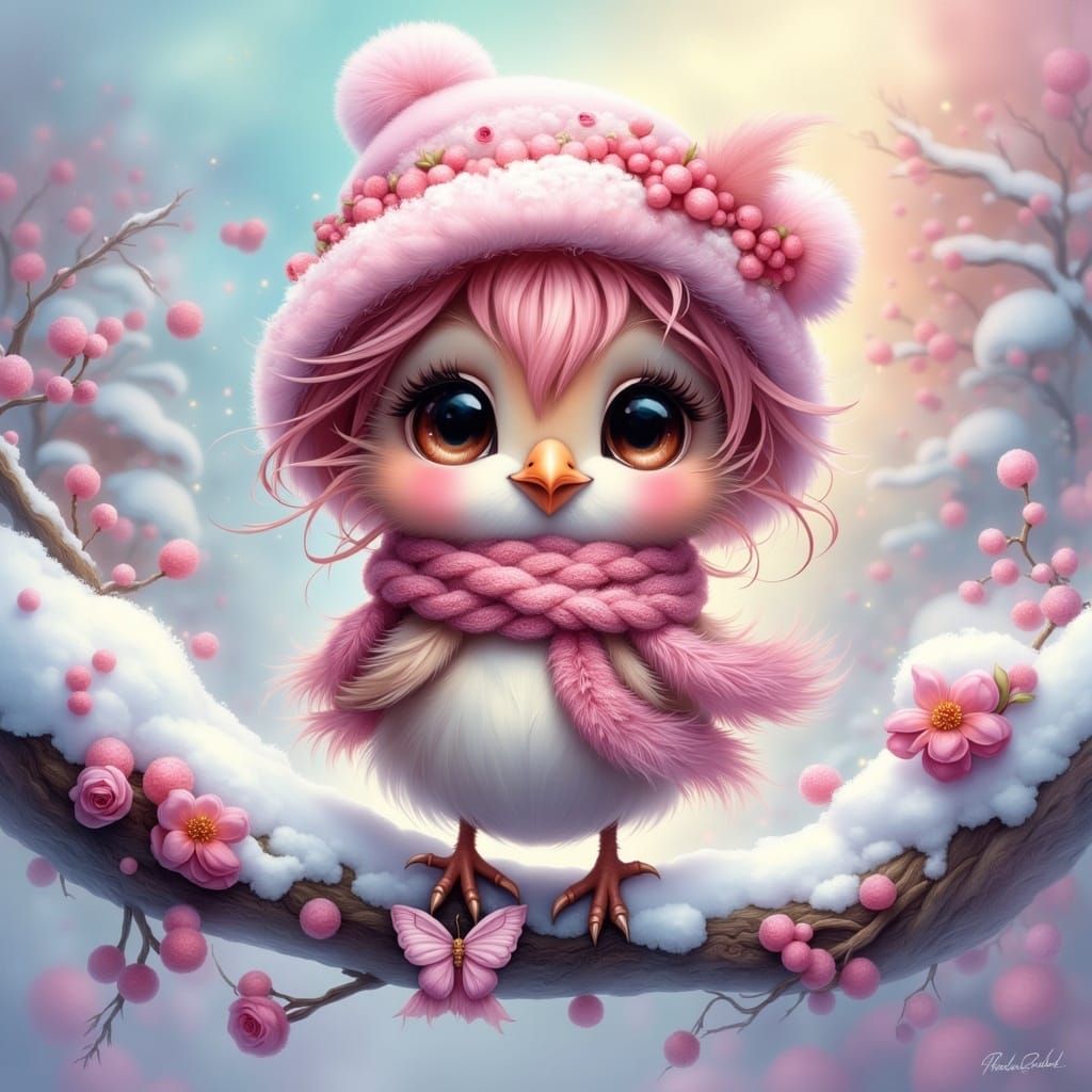 Chibi Bird in Whimsical Winter Wonderland