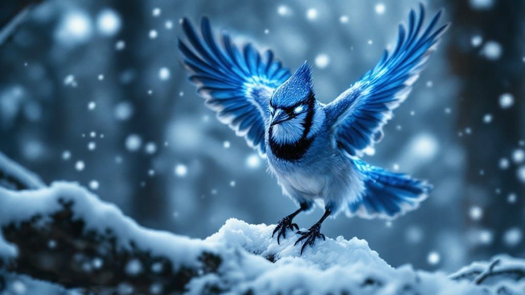 Majestic Bluejay in Frosty Wilderness, Radiating Ethereal Gl...