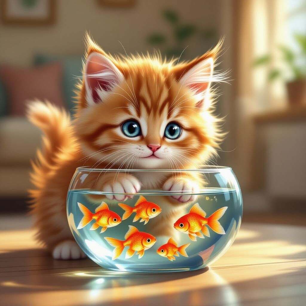 Adorable Kitten Watches Goldfish in Cozy Living Room